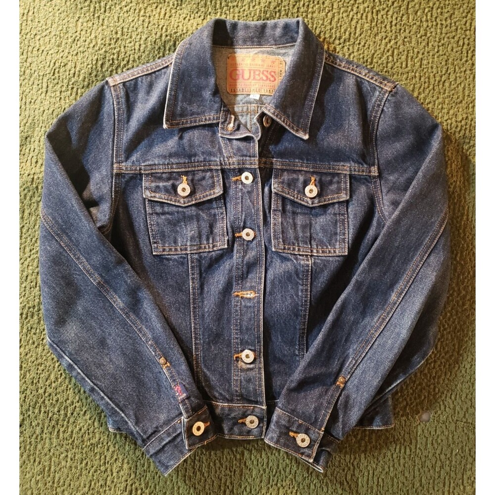 Vintage GUESS Girls Button Denim Jacket MEDIUM Cotton Blue Dark Wash Made in USA
